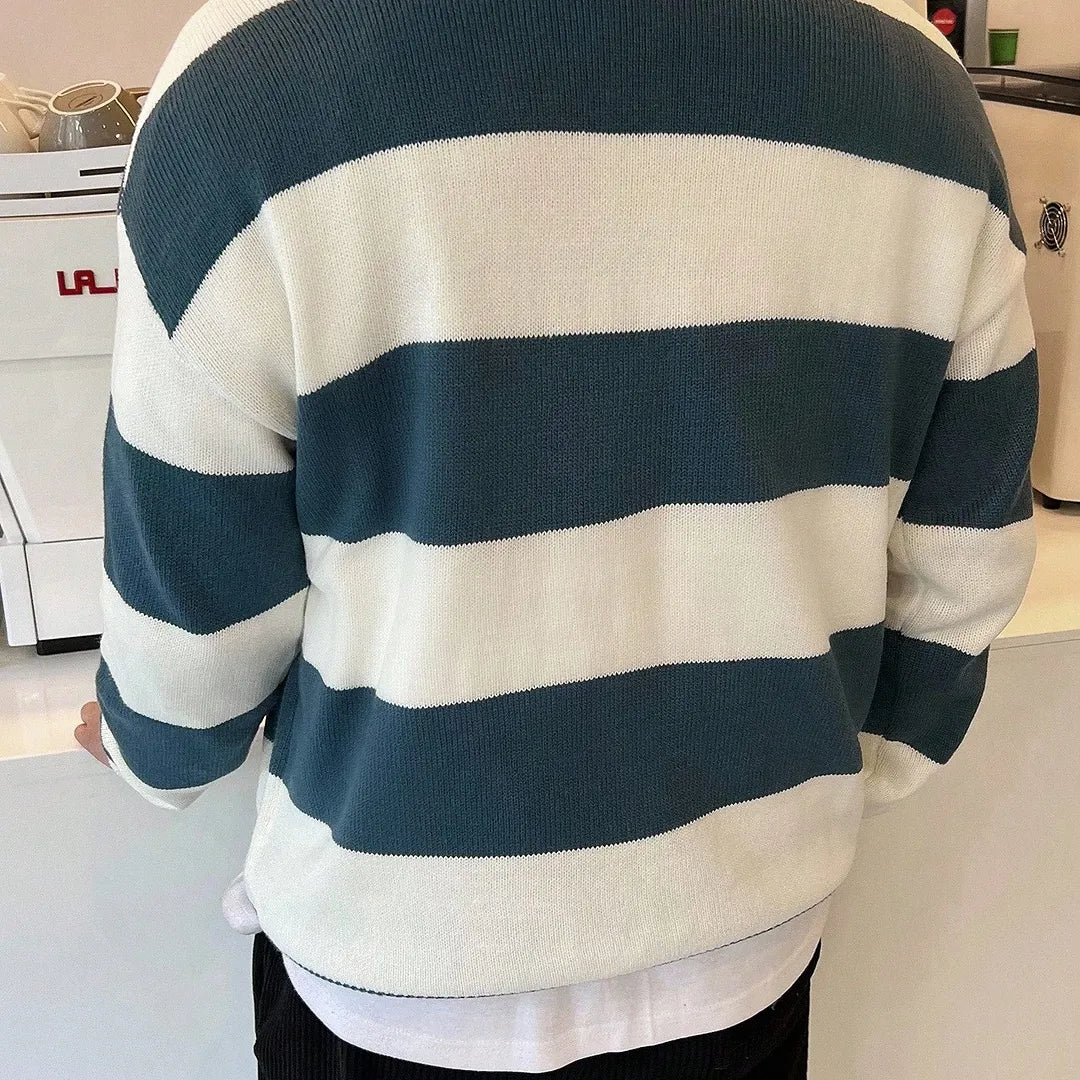 Men's Back To School Striped Polo Collar Sweater, Fall Clothes