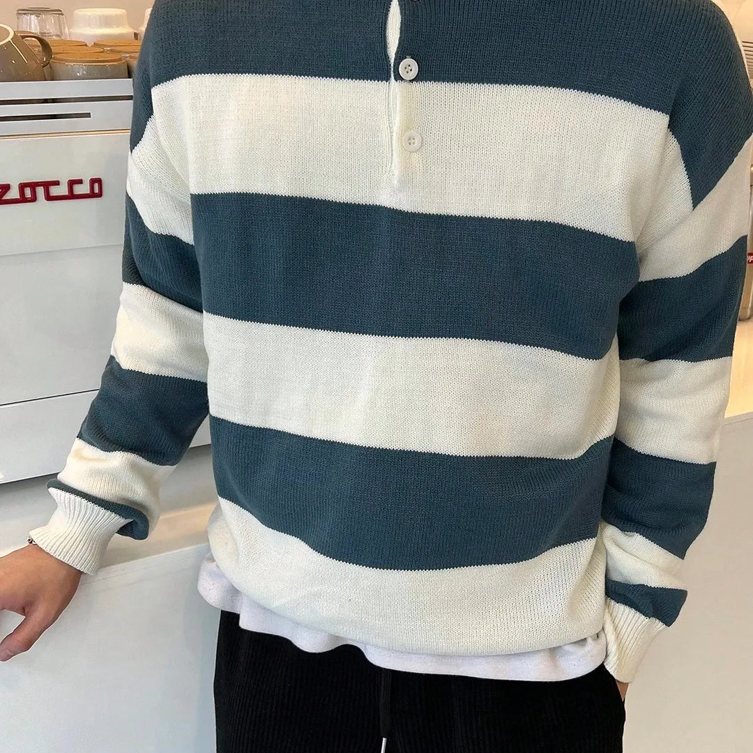Men's Back To School Striped Polo Collar Sweater, Fall Clothes