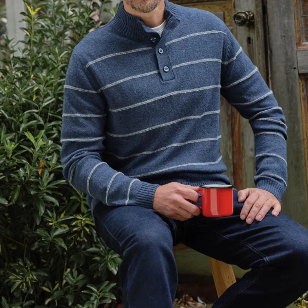 woolovers Mono Stripe Button Neck Sweater