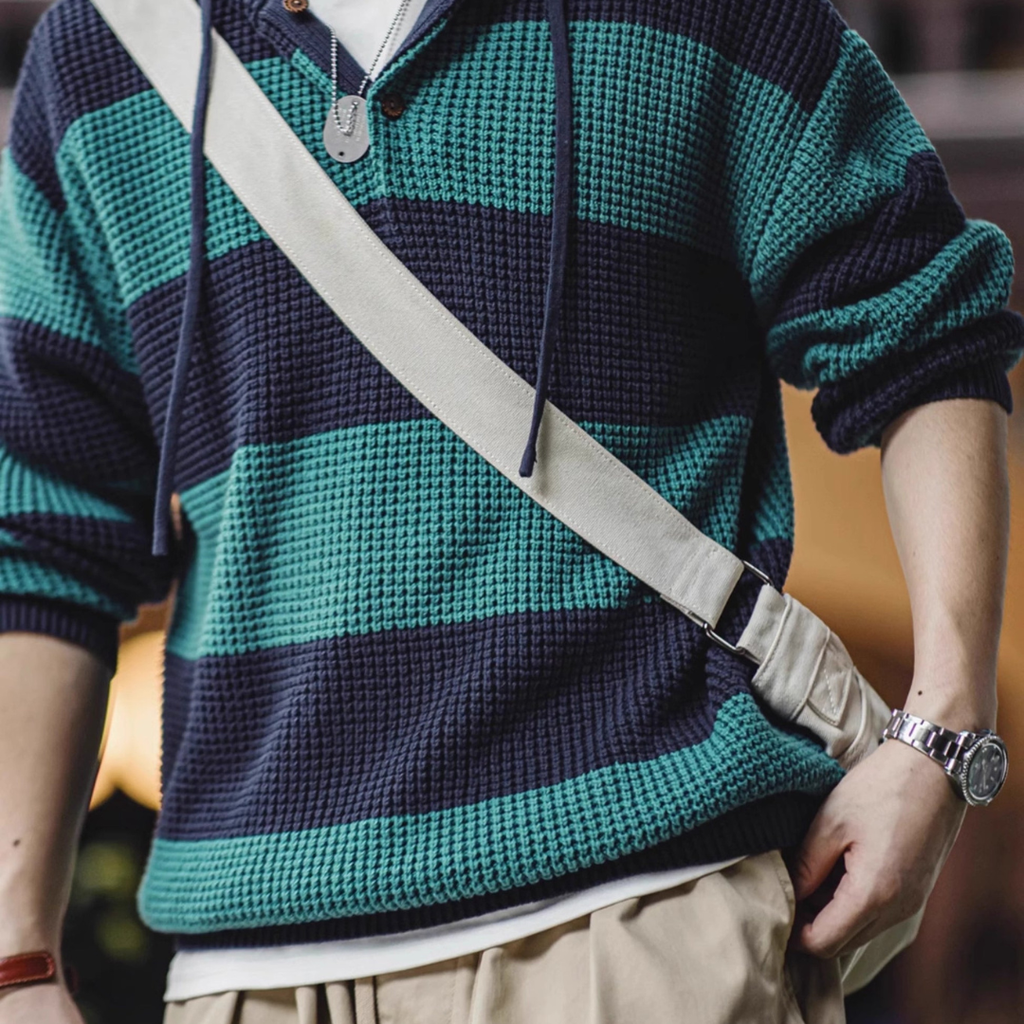 Contrast Striped Hooded College Popularity Pullover Men's Sweater