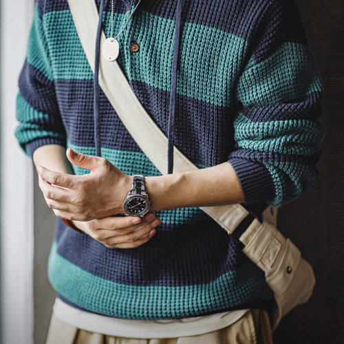 Contrast Striped Hooded College Popularity Pullover Men's Sweater