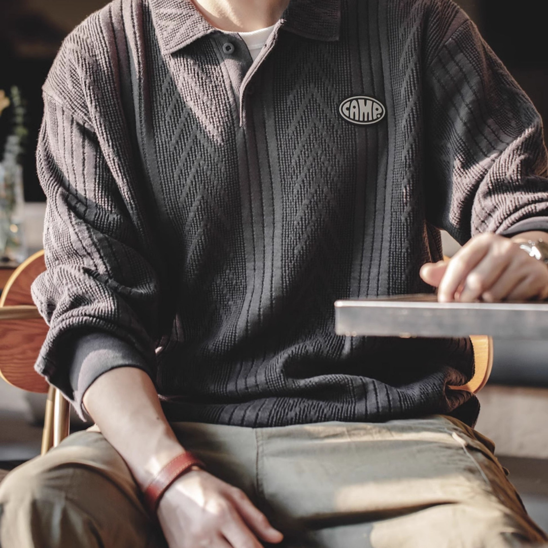 American Workwear Jacquard Knitted Polo Pullover Men's Sweater