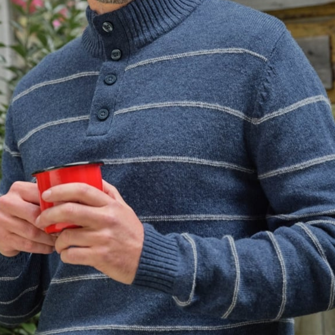 woolovers Mono Stripe Button Neck Sweater