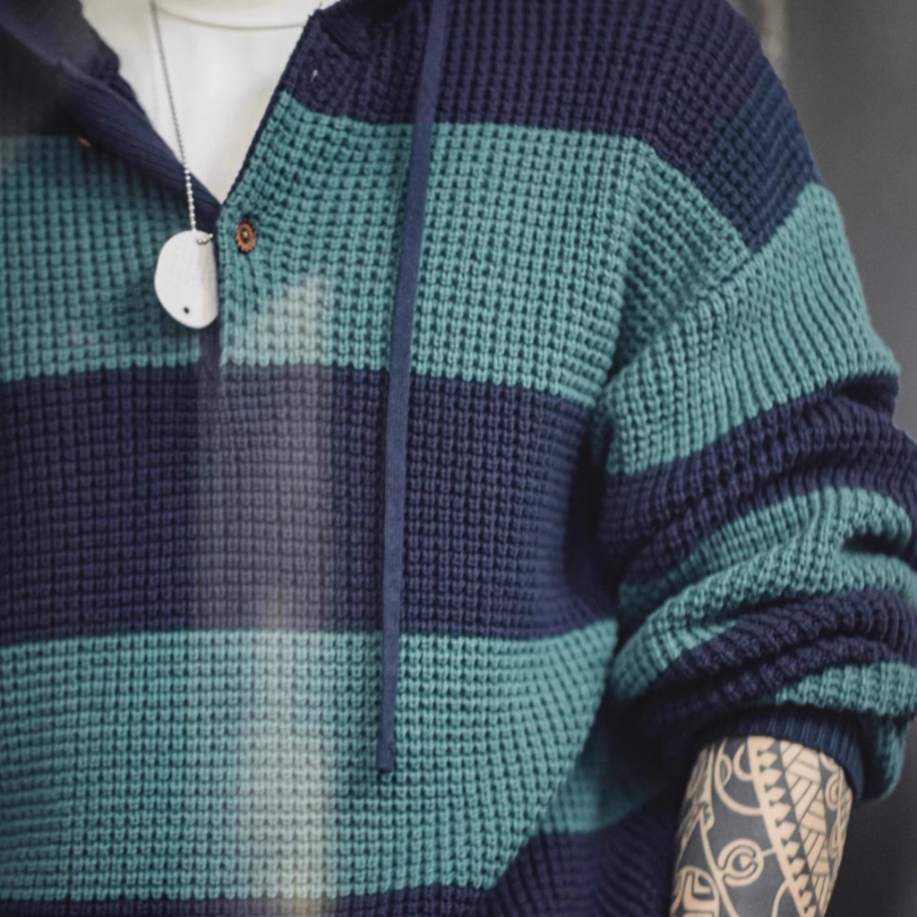 Contrast Striped Hooded College Popularity Pullover Men's Sweater